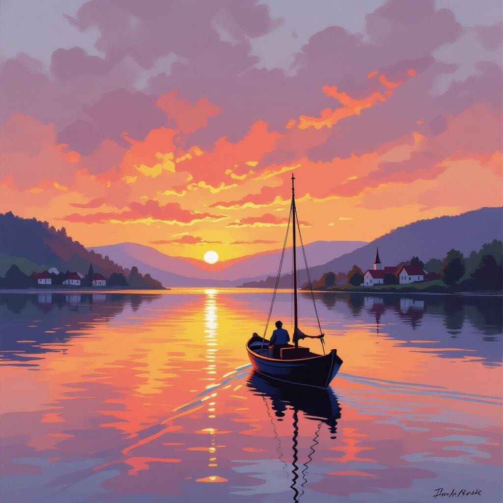 Sunset Fishing Boat on Serene Lake in Turner Style