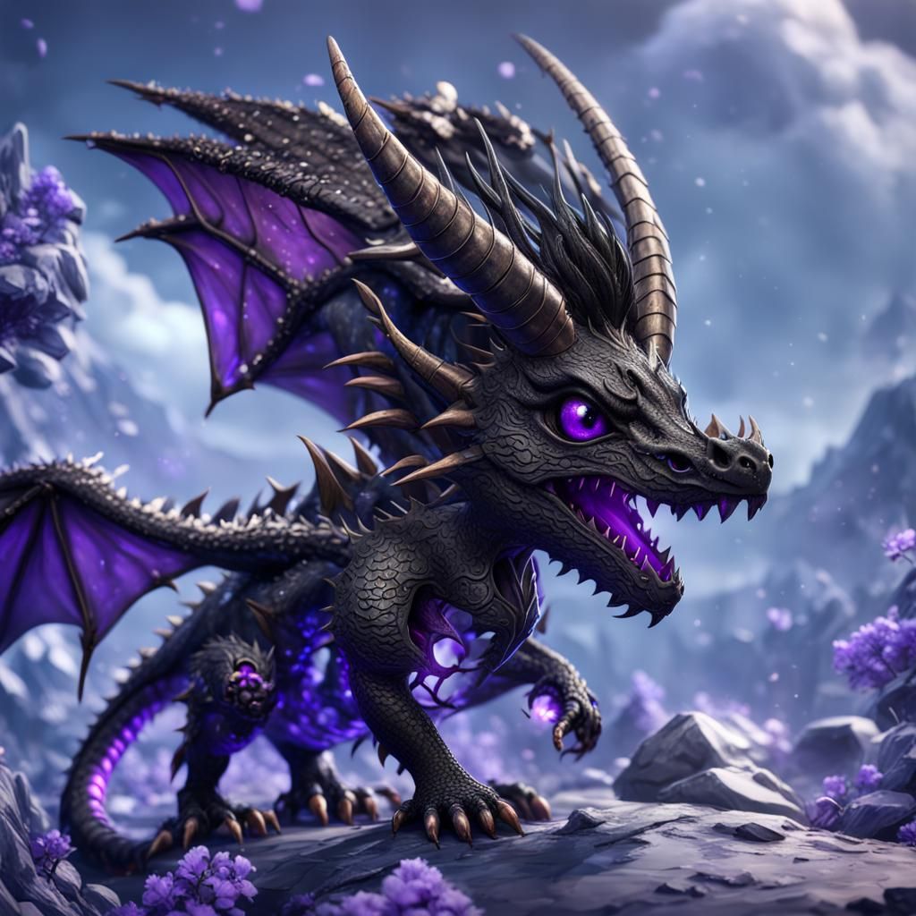 Cute Black Dragon with Purple Eyes in Detailed Matte Paintin...