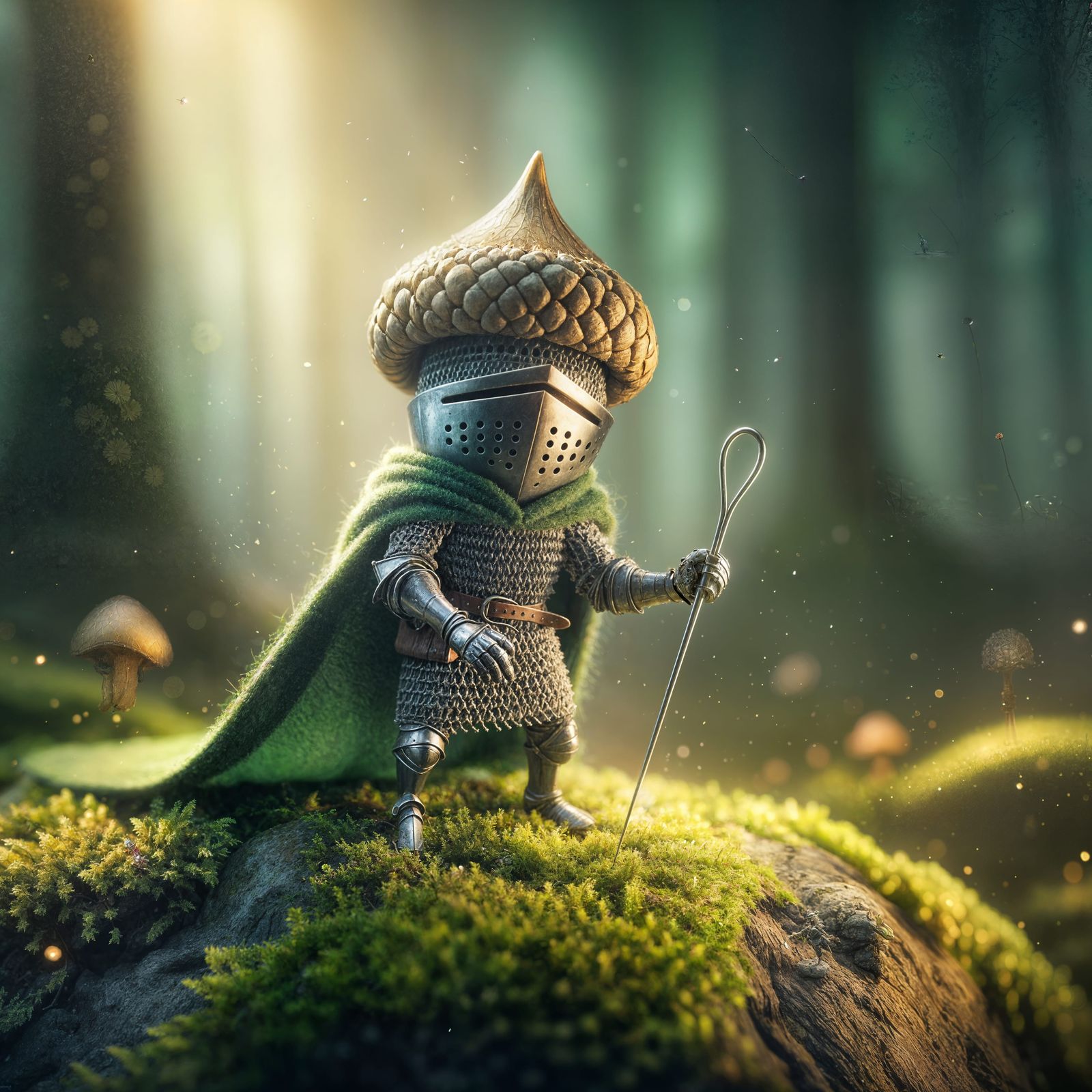 Tiny Knight in Acorn Armor, Photorealistic Fantasy