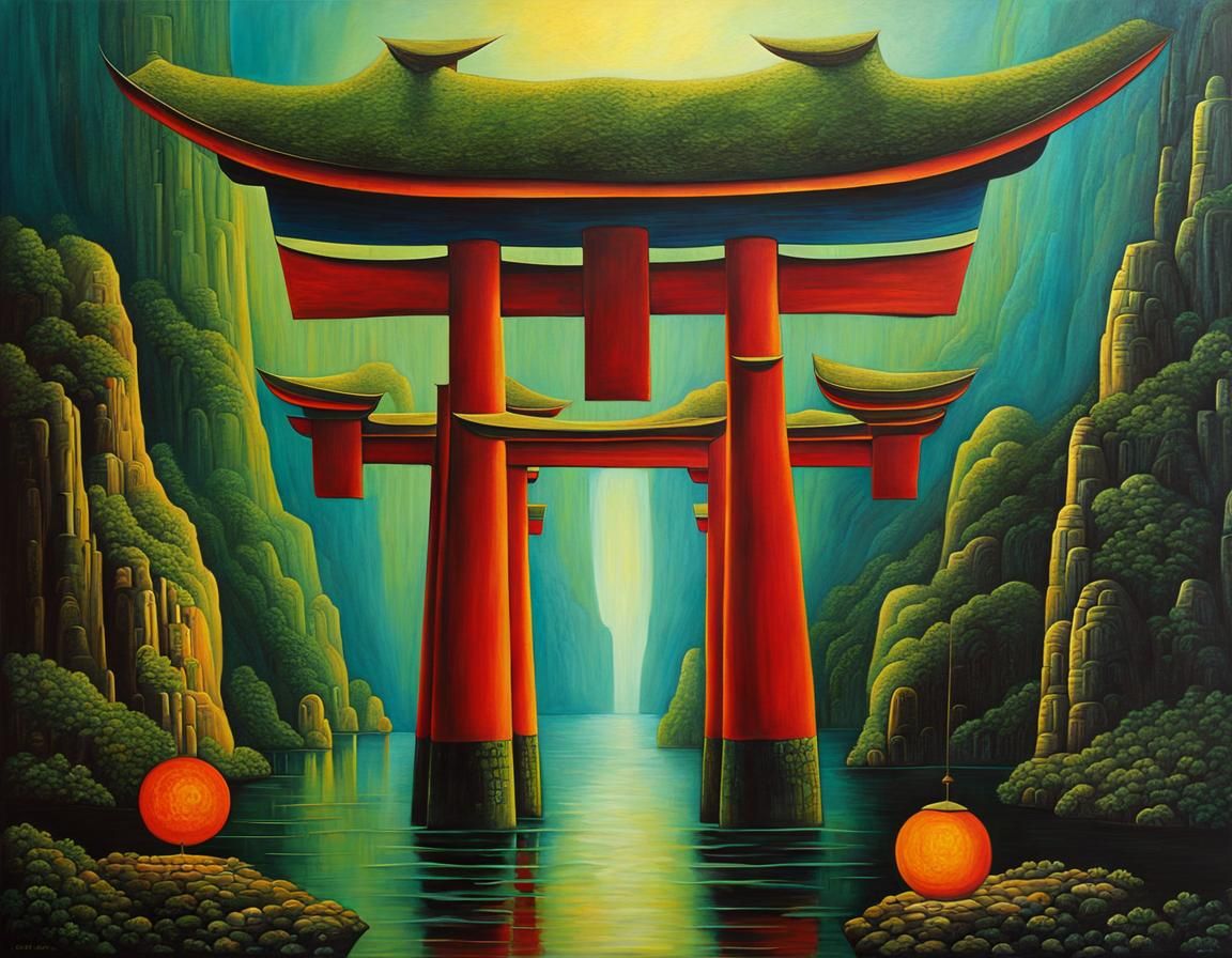 Mystic Torii Gate in Dark Fantasy Oil Painting