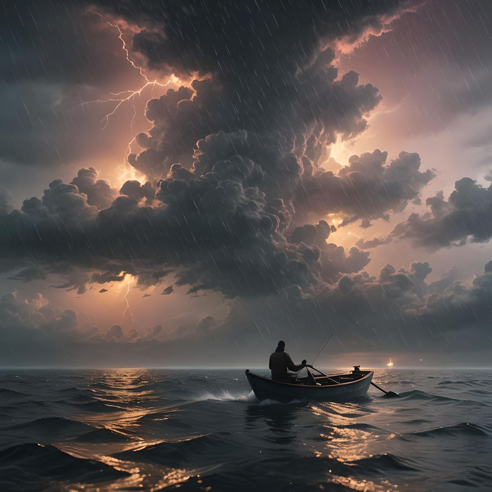 Lonesome Boatman Under Rainy Midnight Sky