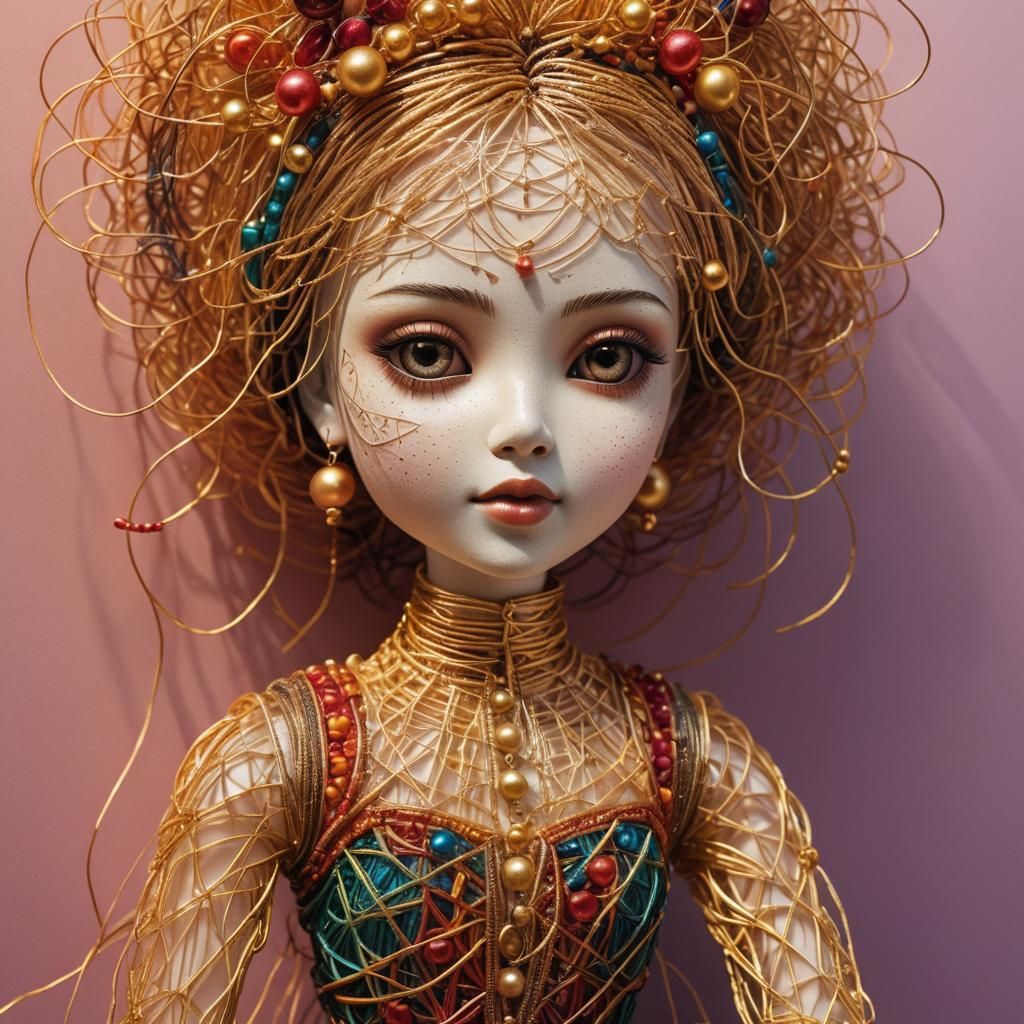 Hyperrealistic String Art Doll with Vibrant Background