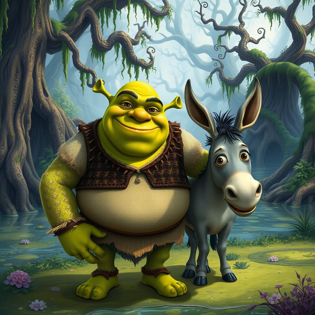 Ogre and Donkey in Whimsical Swampy Landscape
