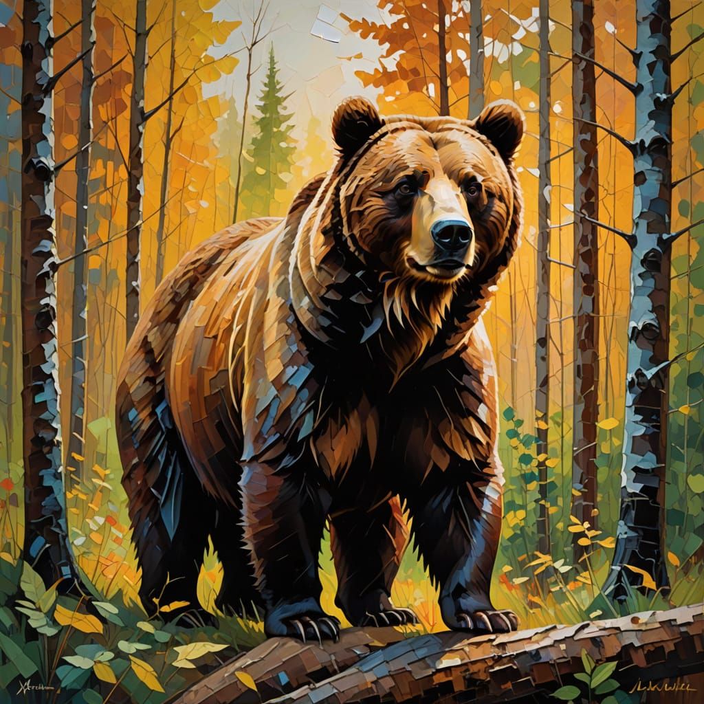 Expressive Brown Bear in Forest Landscape Oil Painting