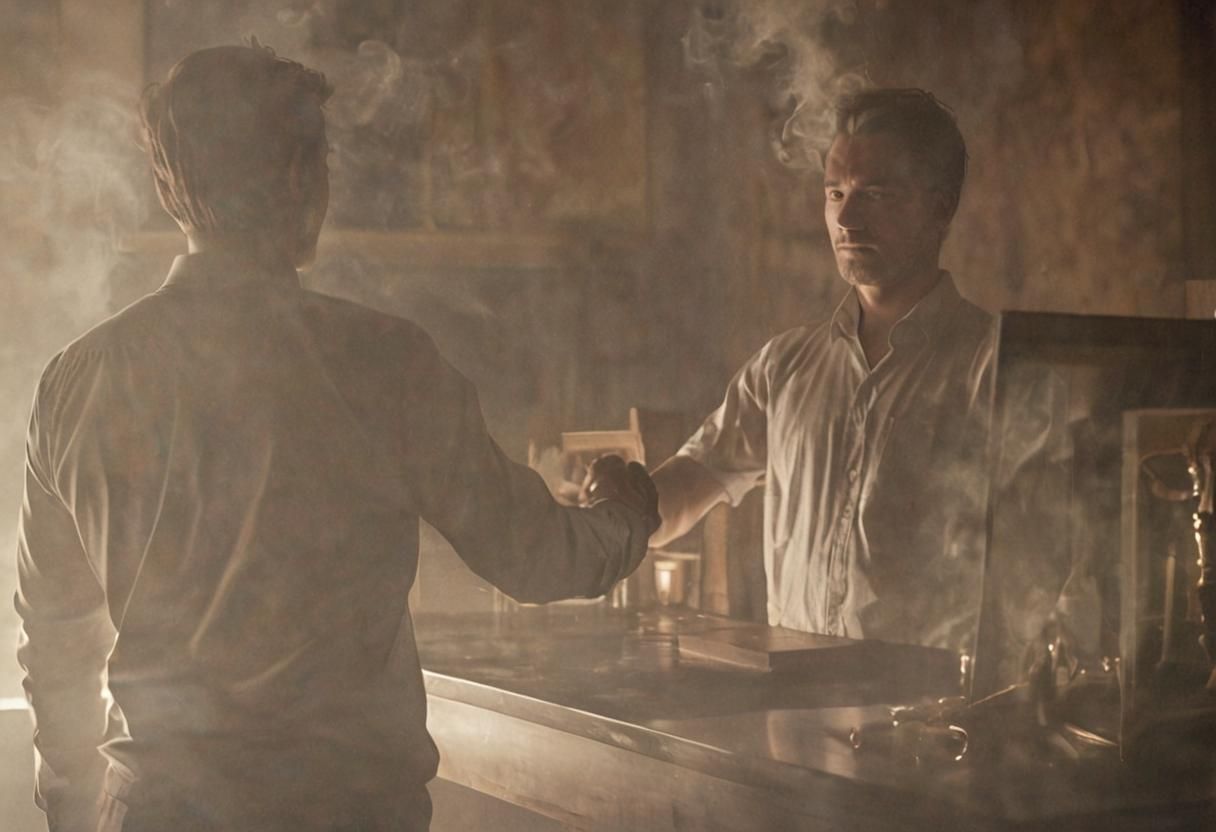 Dramatic Handshake in Dimly Lit Room