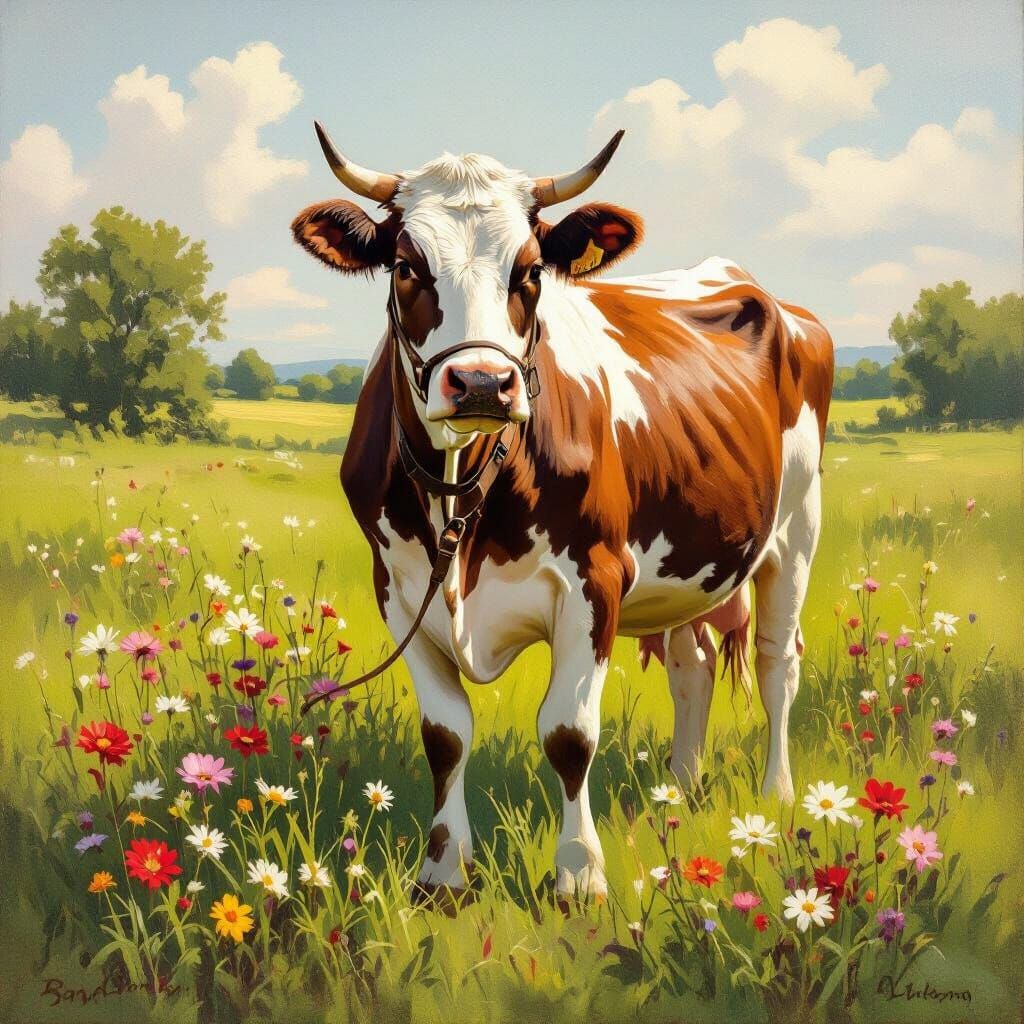 Realistic Cow Portrait in Lush Meadow, 19th Century Style