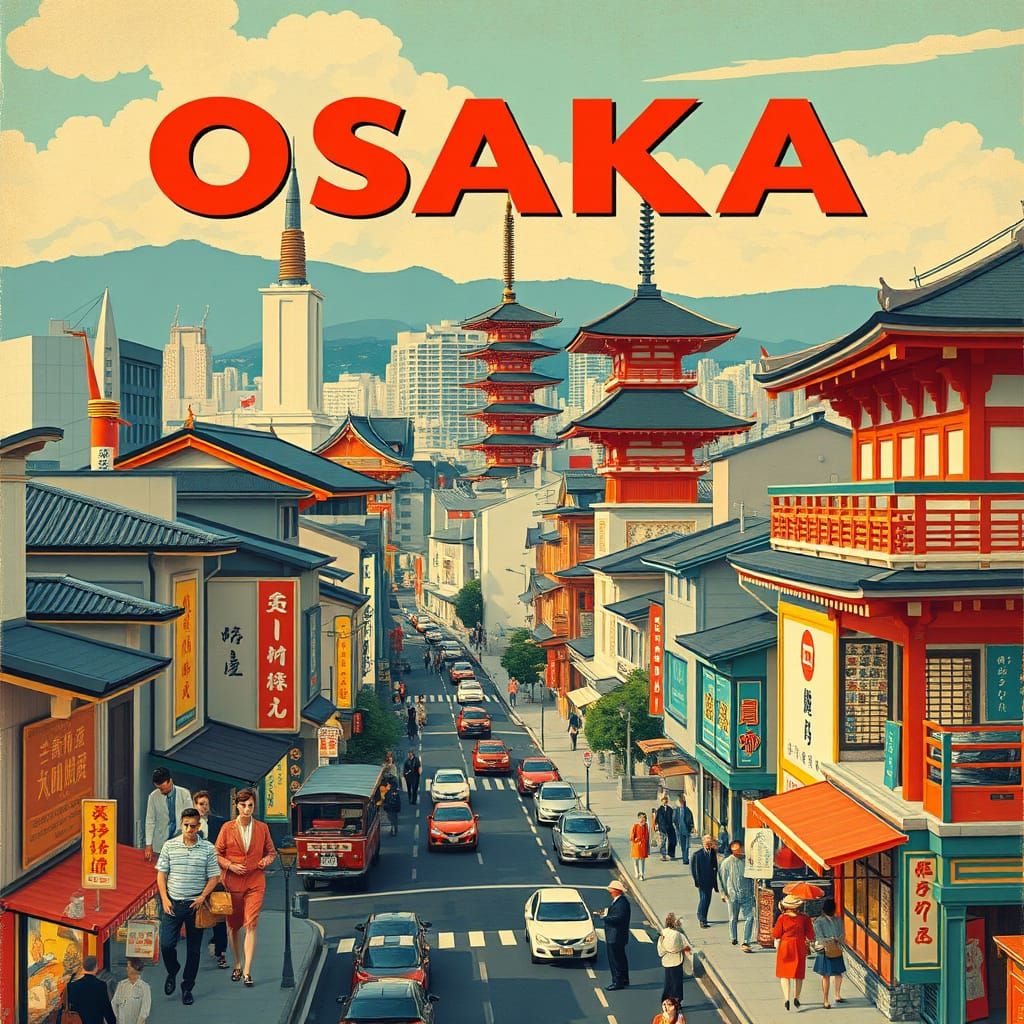 Vintage Osaka Japan Travel Poster in Art Deco Style