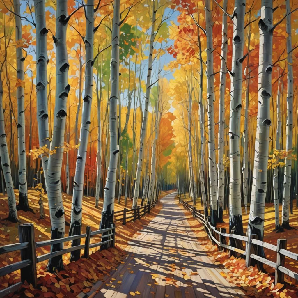 Autumn Aspen Road in Geometric Cubist Style