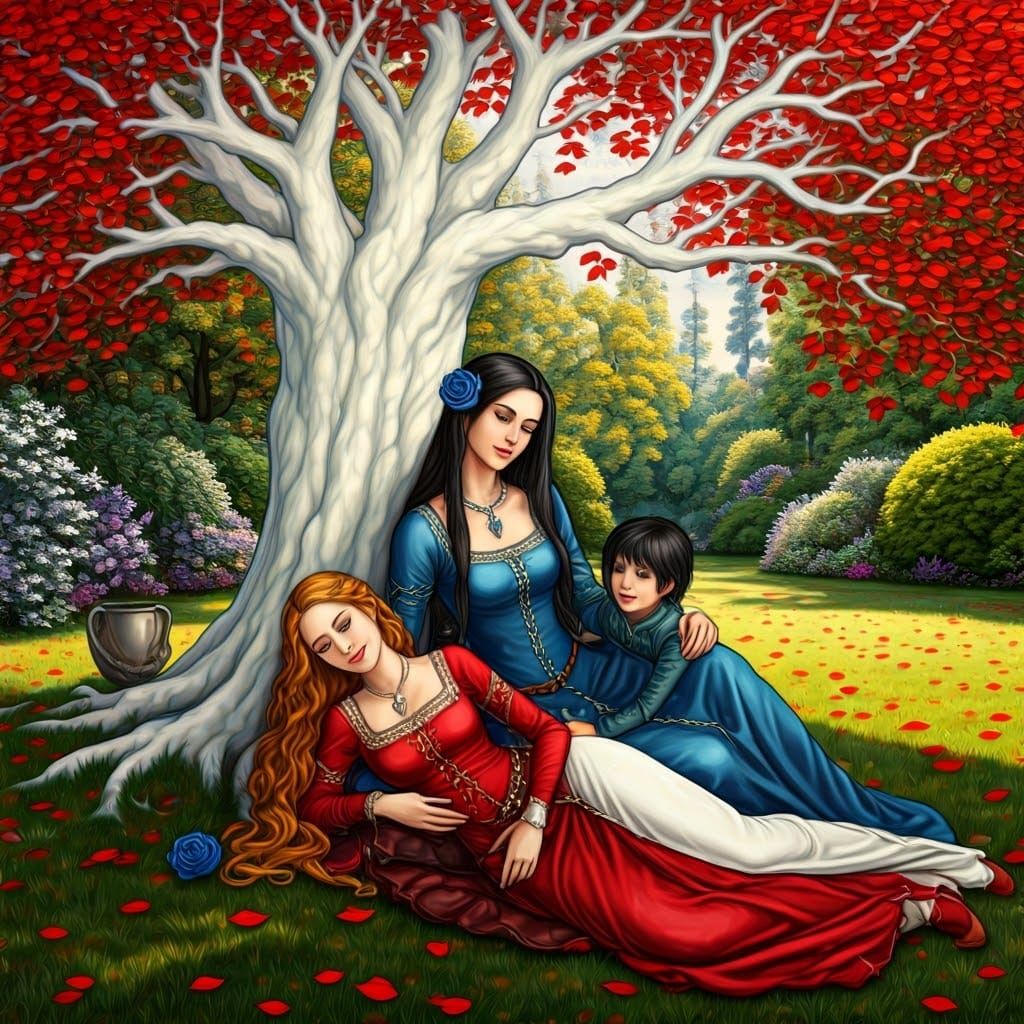 Young Women in a Medieval Garden under a Majestic White Tree