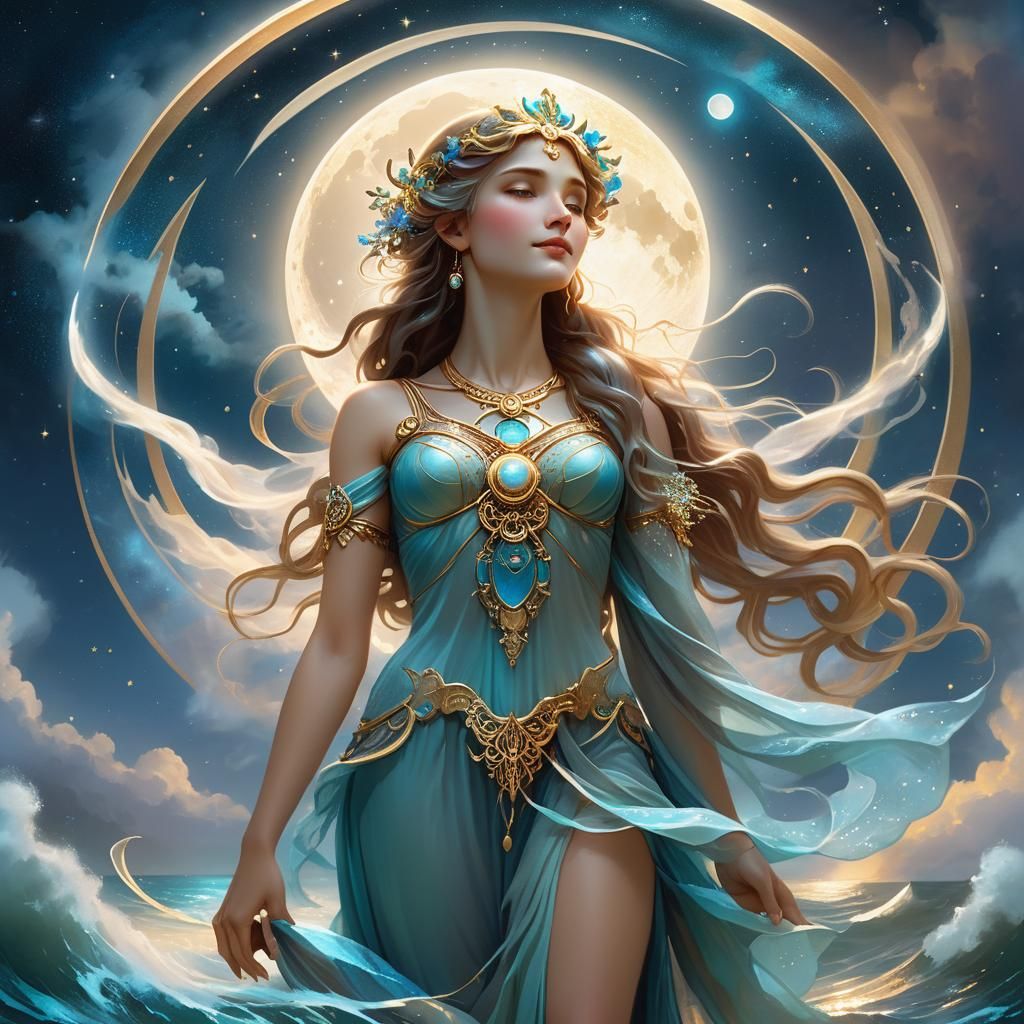 Celestial Moon Goddess Illustration in Art Nouveau Style