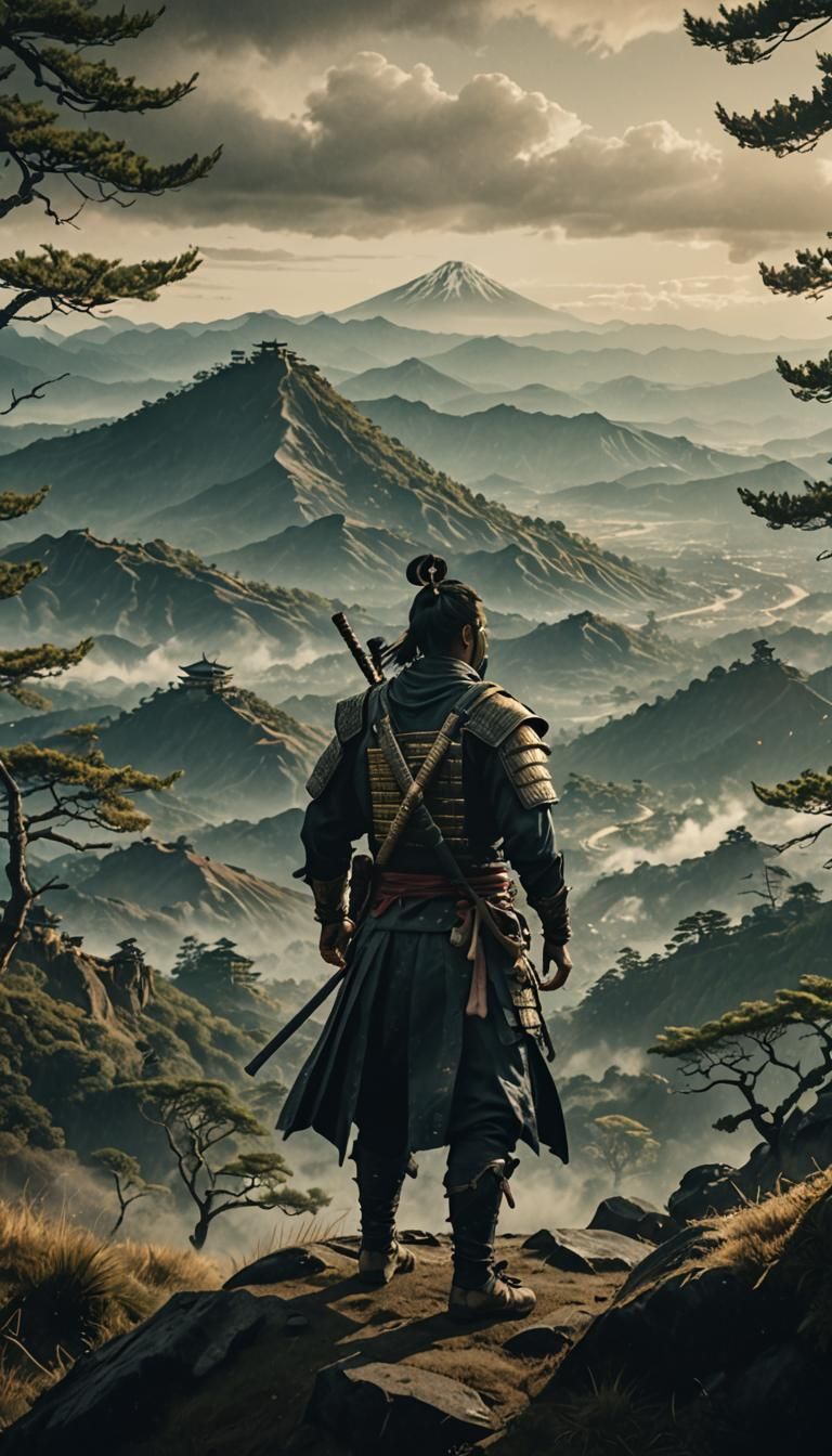 Samurai Hero on Windswept Mountain Ridge