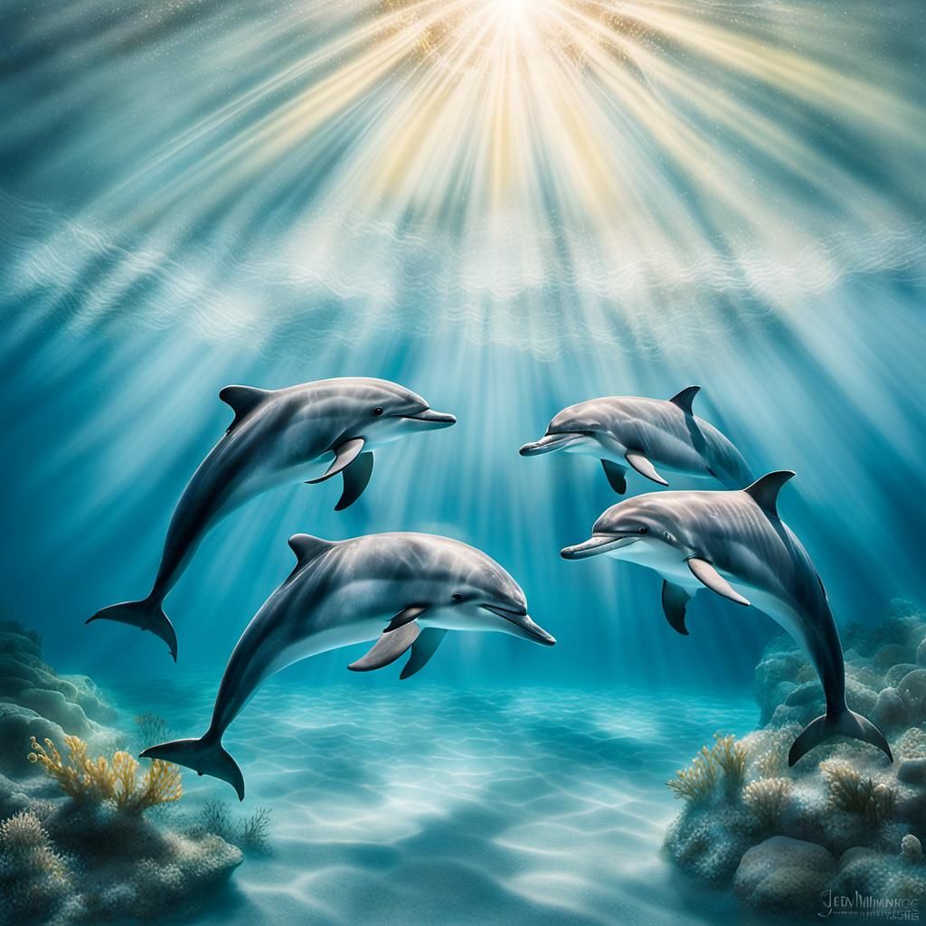 Underwater Ballet of Dolphins in Ethereal Light