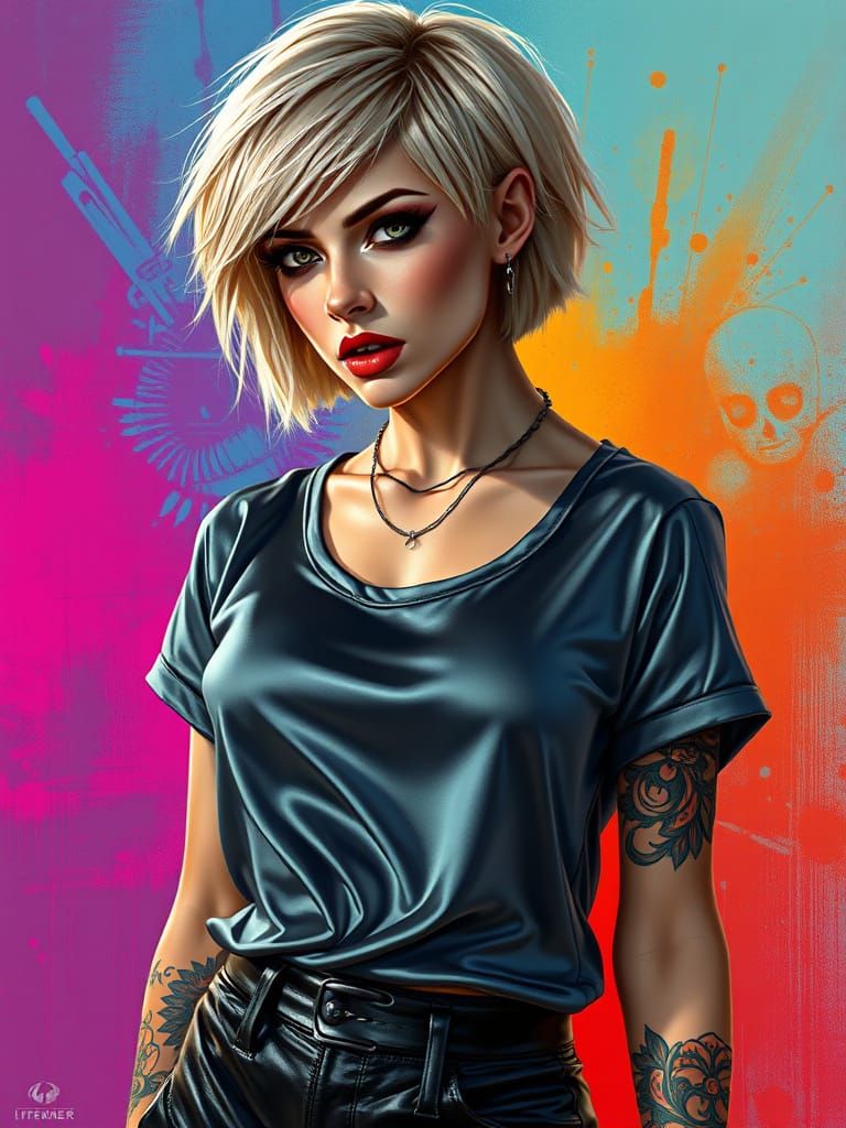 Hyperrealistic Portrait of a Dark, Edgy Woman in Satin and L...