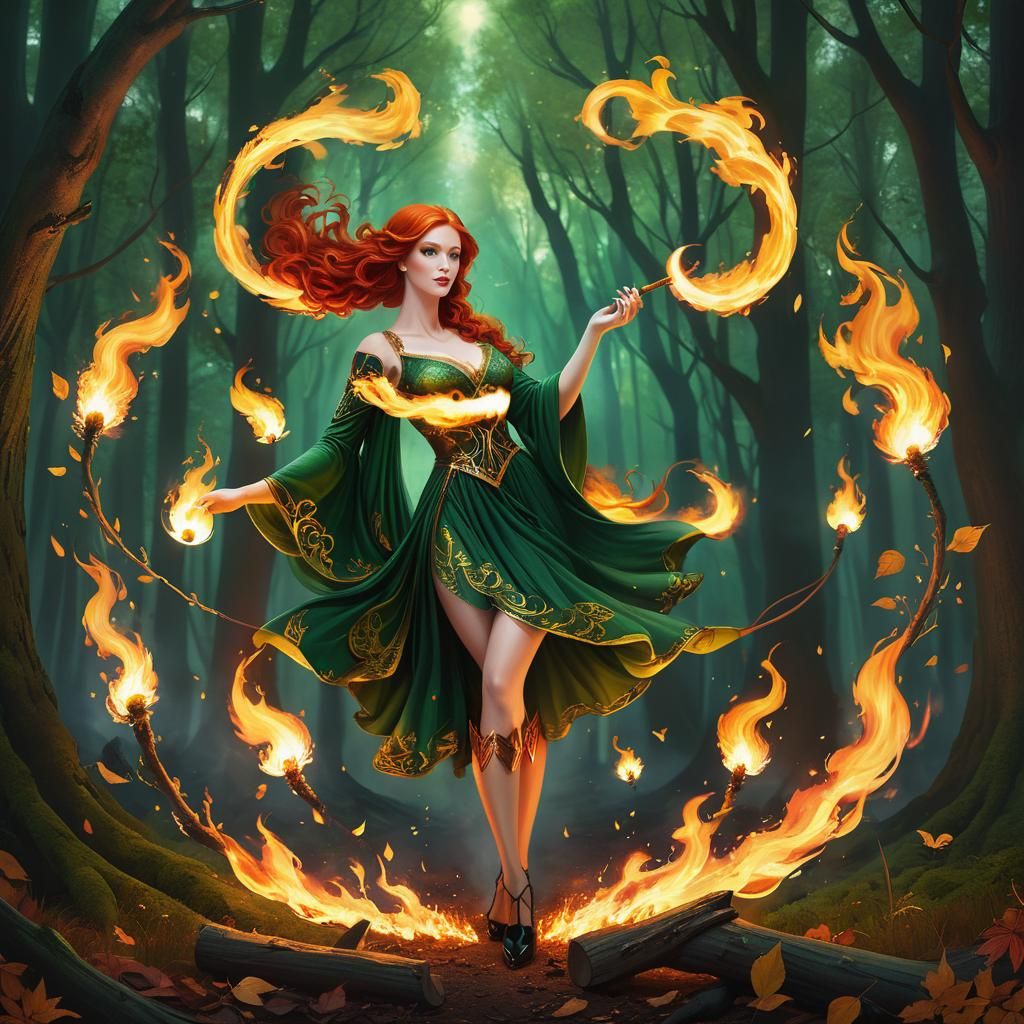Fire Goddess in Autumn Woods Digital Illustration