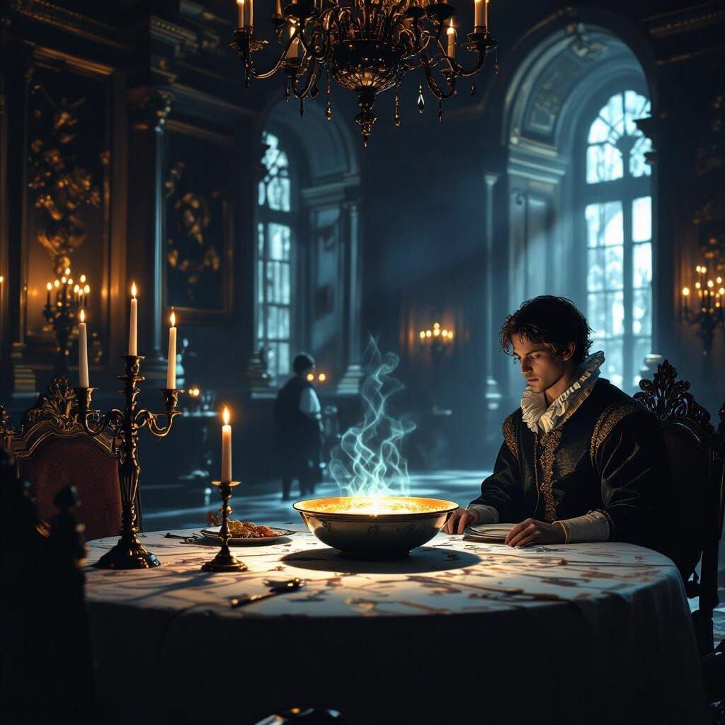 King's Untouched Meal Glows in Dim Palace Hall