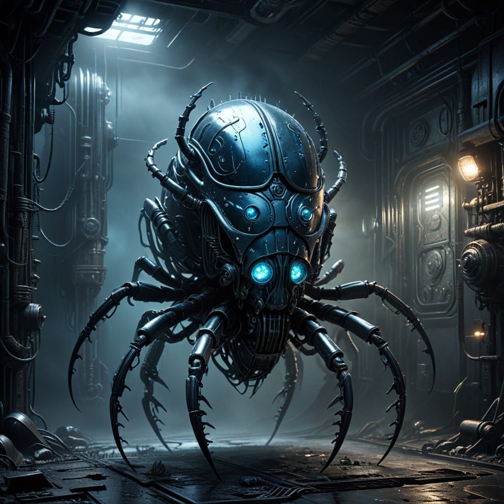 Biomechanical Beetle in Dark Futuristic Haze