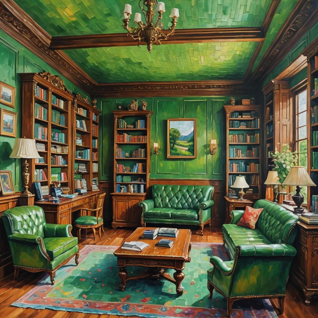 Ornate Study with Green Leather Couch in Impasto Style