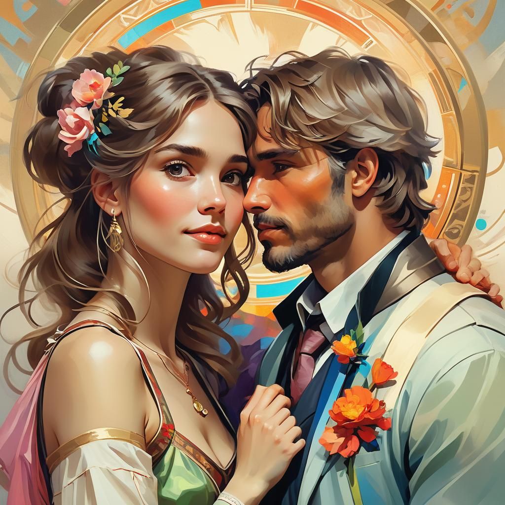 Harmony: A Loving Couple Portrait in Art Nouveau Style