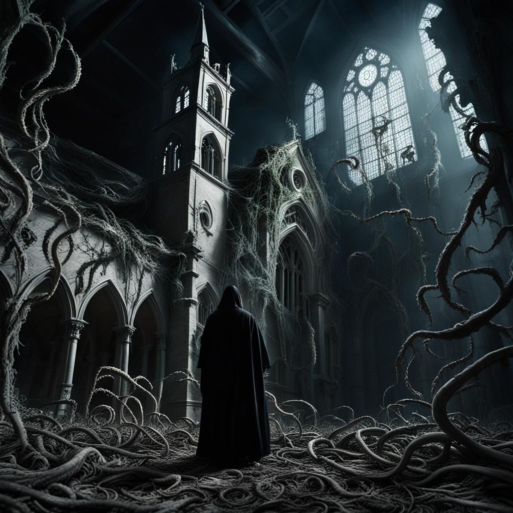 Ghost in Biomechanical Church, Gothic Horror Art