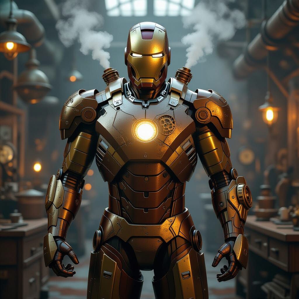 Steampunk Iron Man in Victorian Workshop