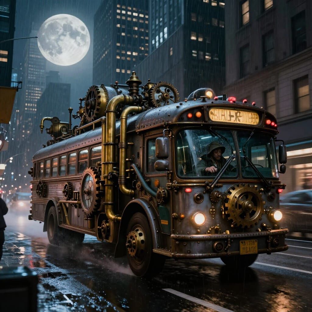 Steampunk Taxi Bus in Moody New York City Night
