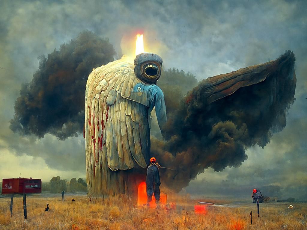 Fallen Angel Descends in Apocalyptic Landscape
