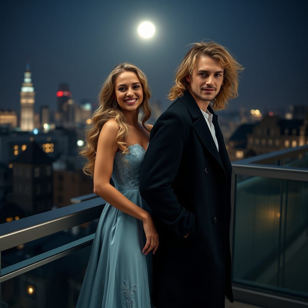 Romantic Couple Under Moonlit City Skyline