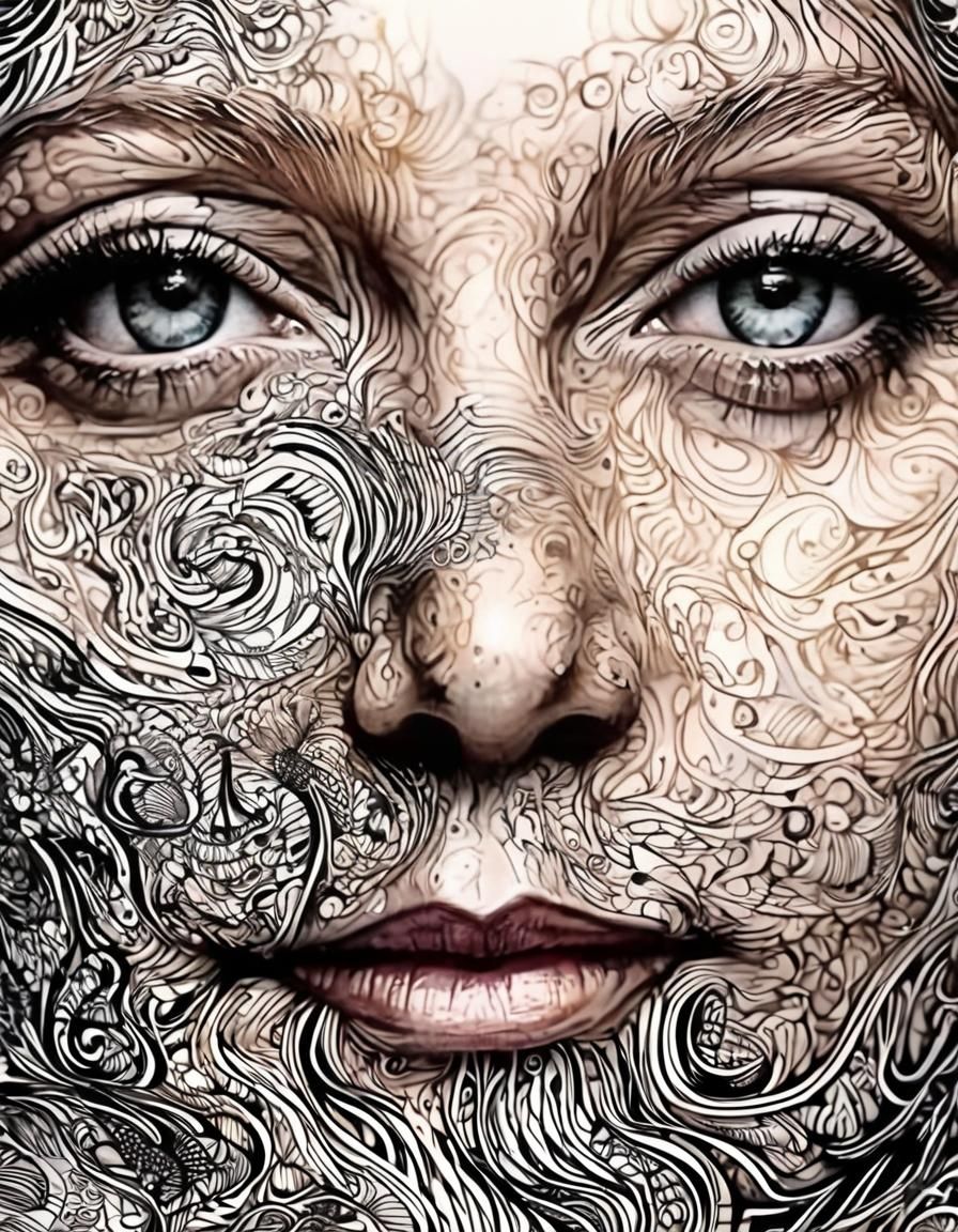 Monochrome Ink Portrait with Zentangle and Fractals