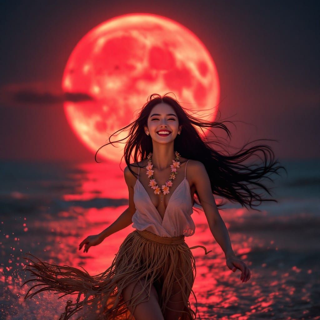 Ethereal Beach Goddess Basks Under Blood Moon