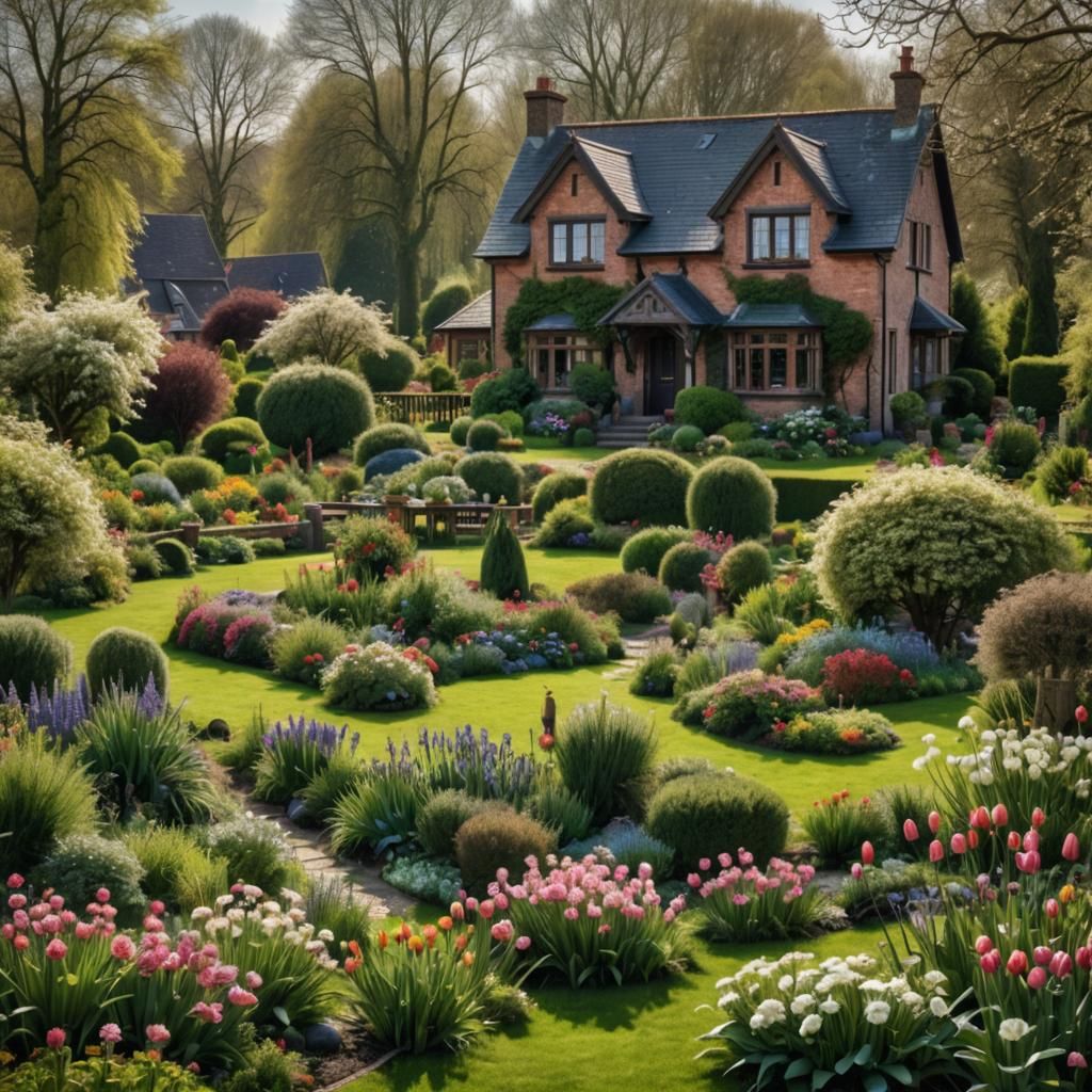 Dreamlike Family Home with Spring Garden in Hyperrealism