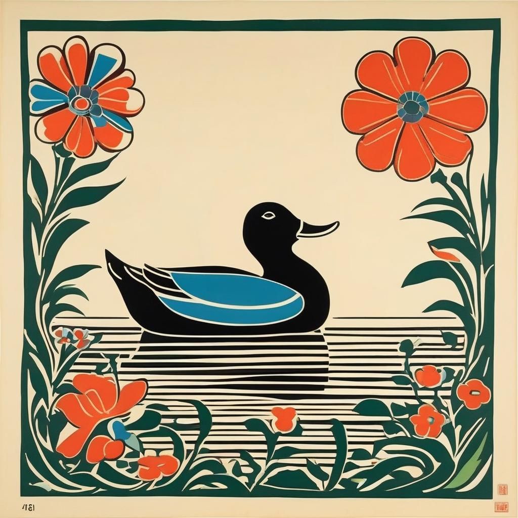 Minimalist Duck Painting with Stylized Floral Design