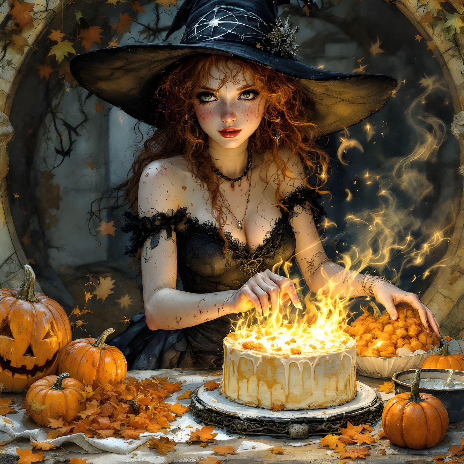 Ginger Witch Baking a Halloween Cake