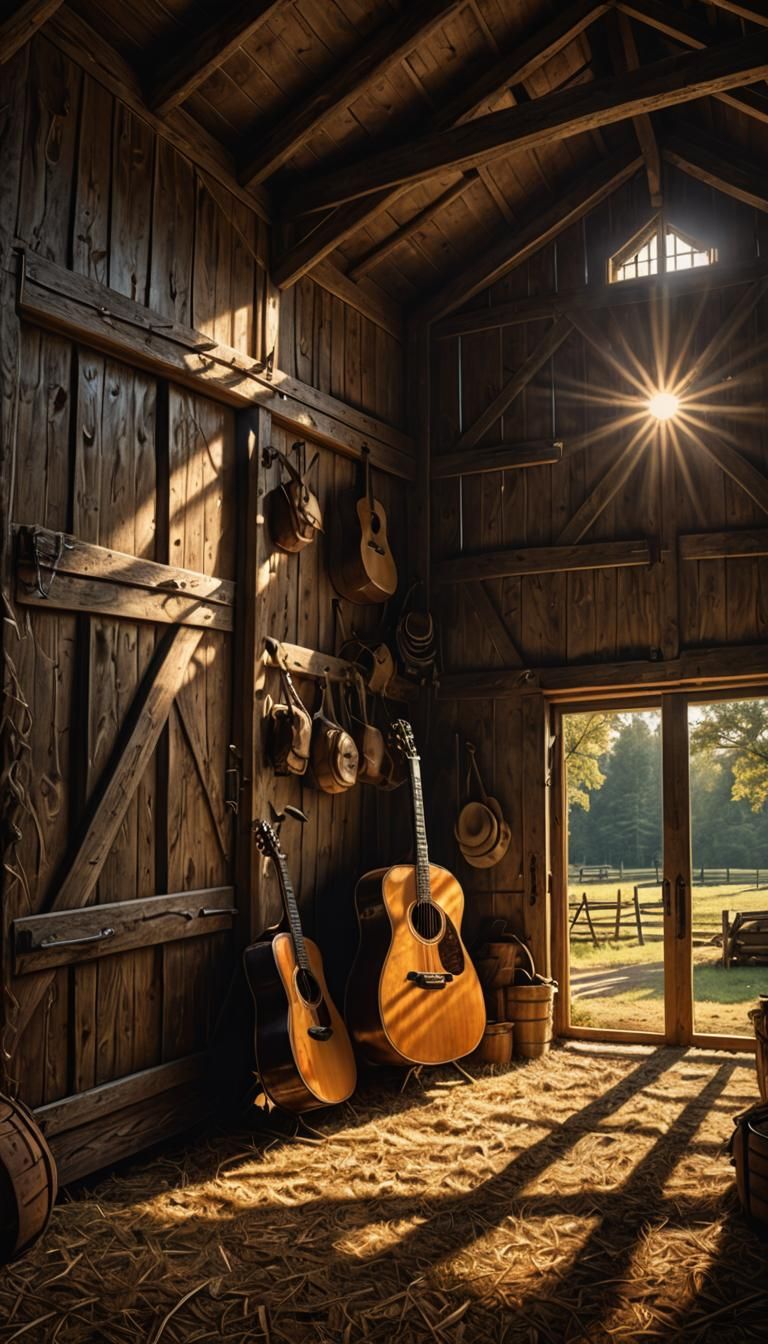 Sunlit Barn Interior with Guitar, Digital Art