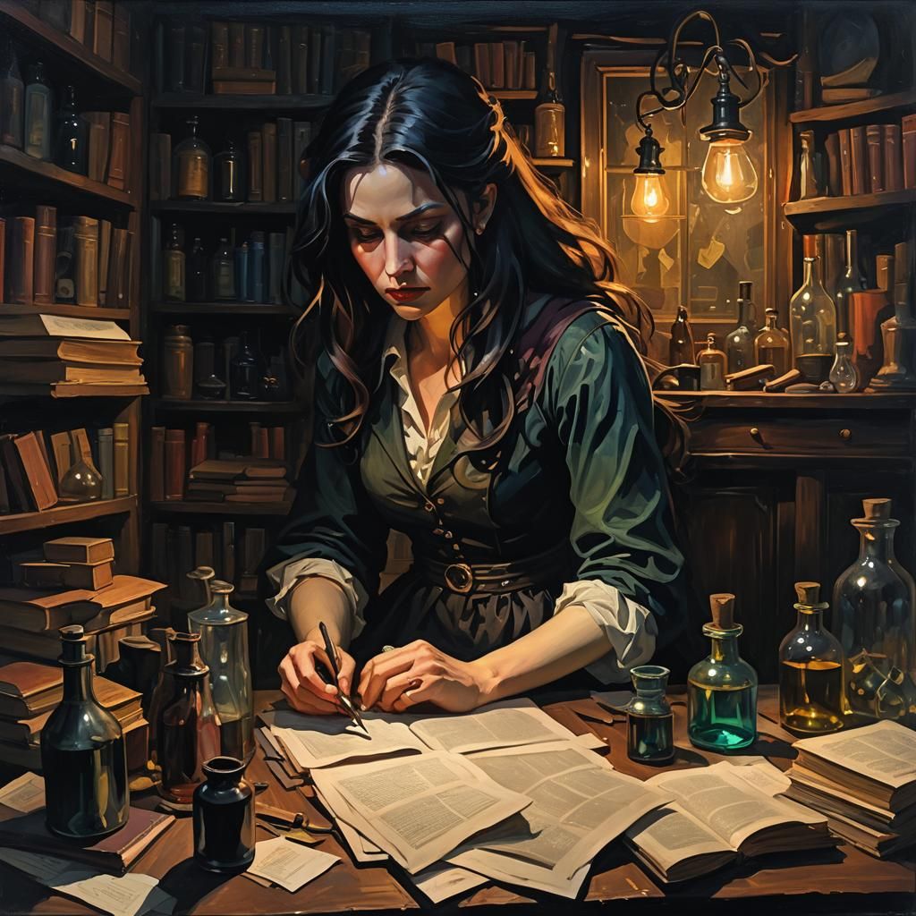 Tormented Enchantress in Dimly Lit Laboratory