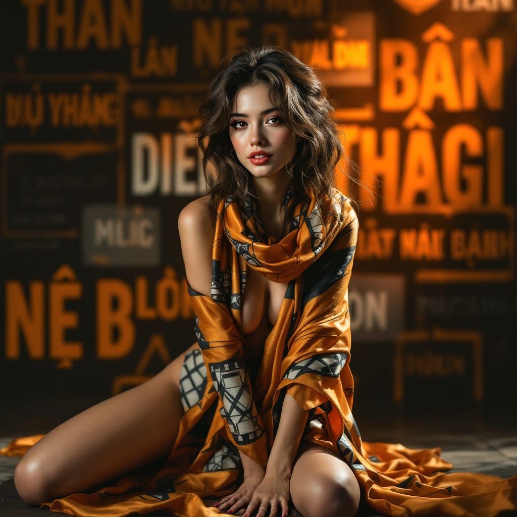 Sensual Woman in Silk Scarf with Vietnamese Text Backdrop