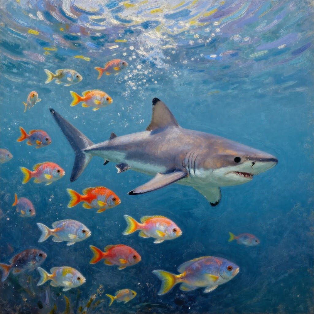 Impressionist Oil Painting of Shark Chasing Fish Underwater