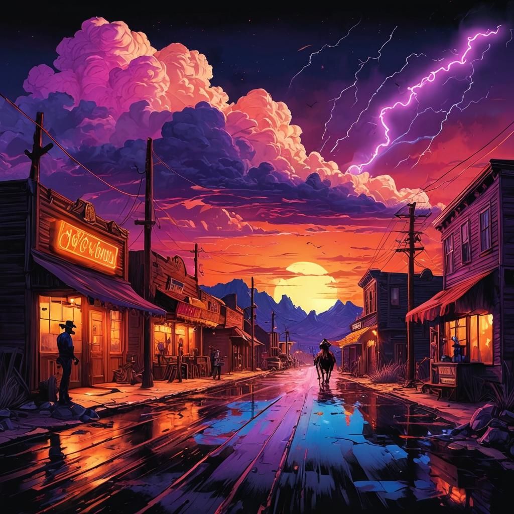 Cowboy at Sundown in Neon Western Town