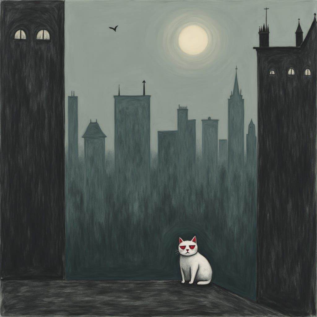 Melancholic Cat in Dystopian Cityscape
