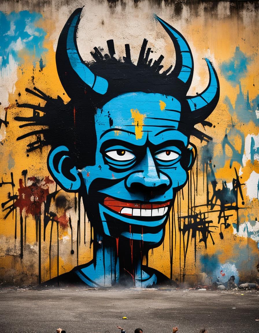 Basquiat-Style Devil Hunting Graffiti Mural