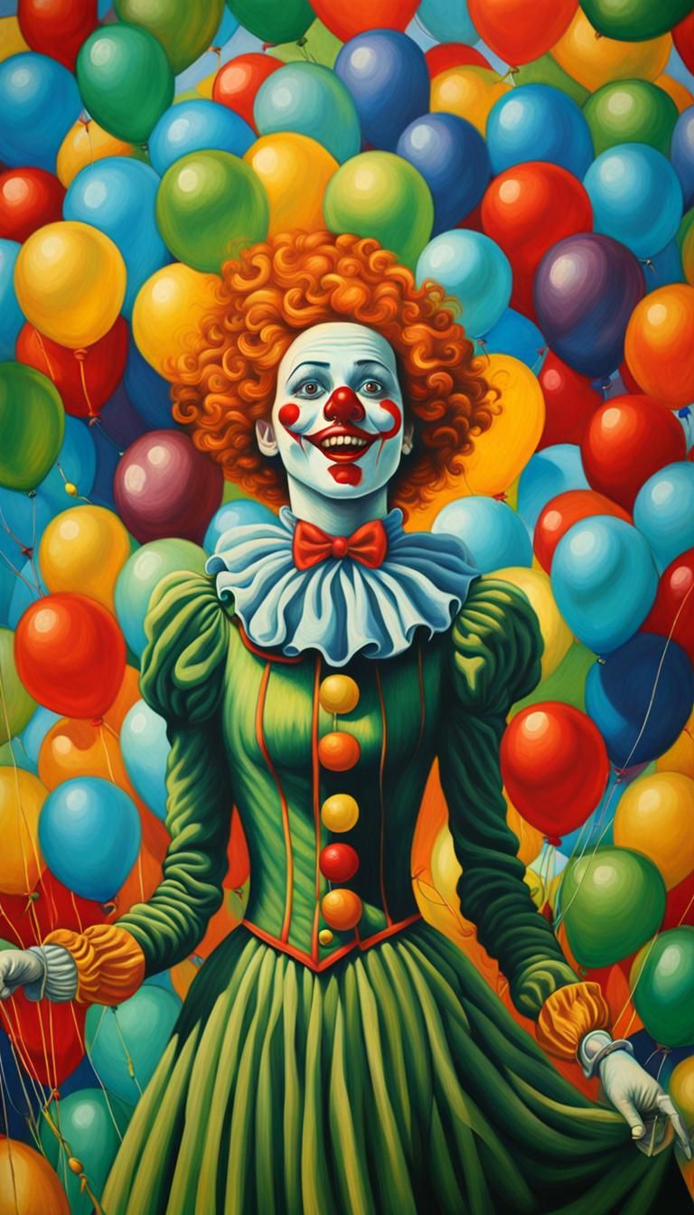 Surrealist Clown Dances in Circus Tent: Pop Art Oil Painting