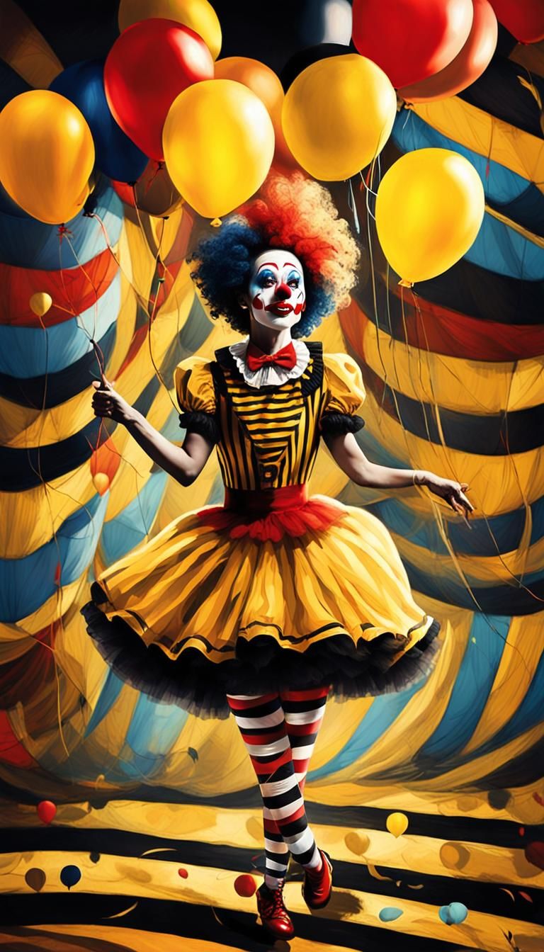 Surrealist Clown Dancing in Circus Tent with Balloons