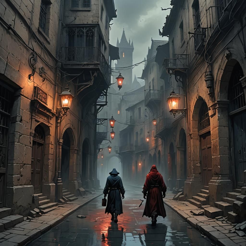 Lost Figure in Gothic City: Dark Fantasy Art