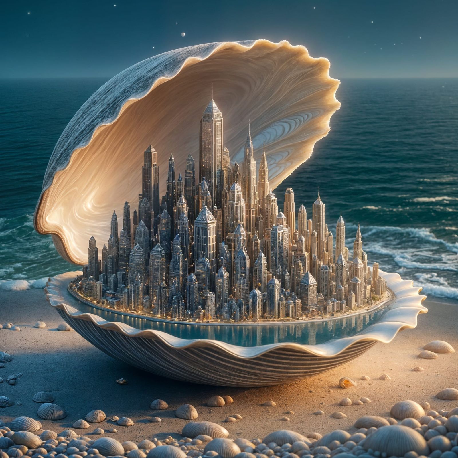 Hyperrealistic Miniature Metropolis Inside a Clam Shell