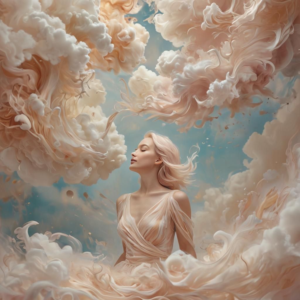 Ethereal Figure Surrounded by Clouds in Pastel Colors