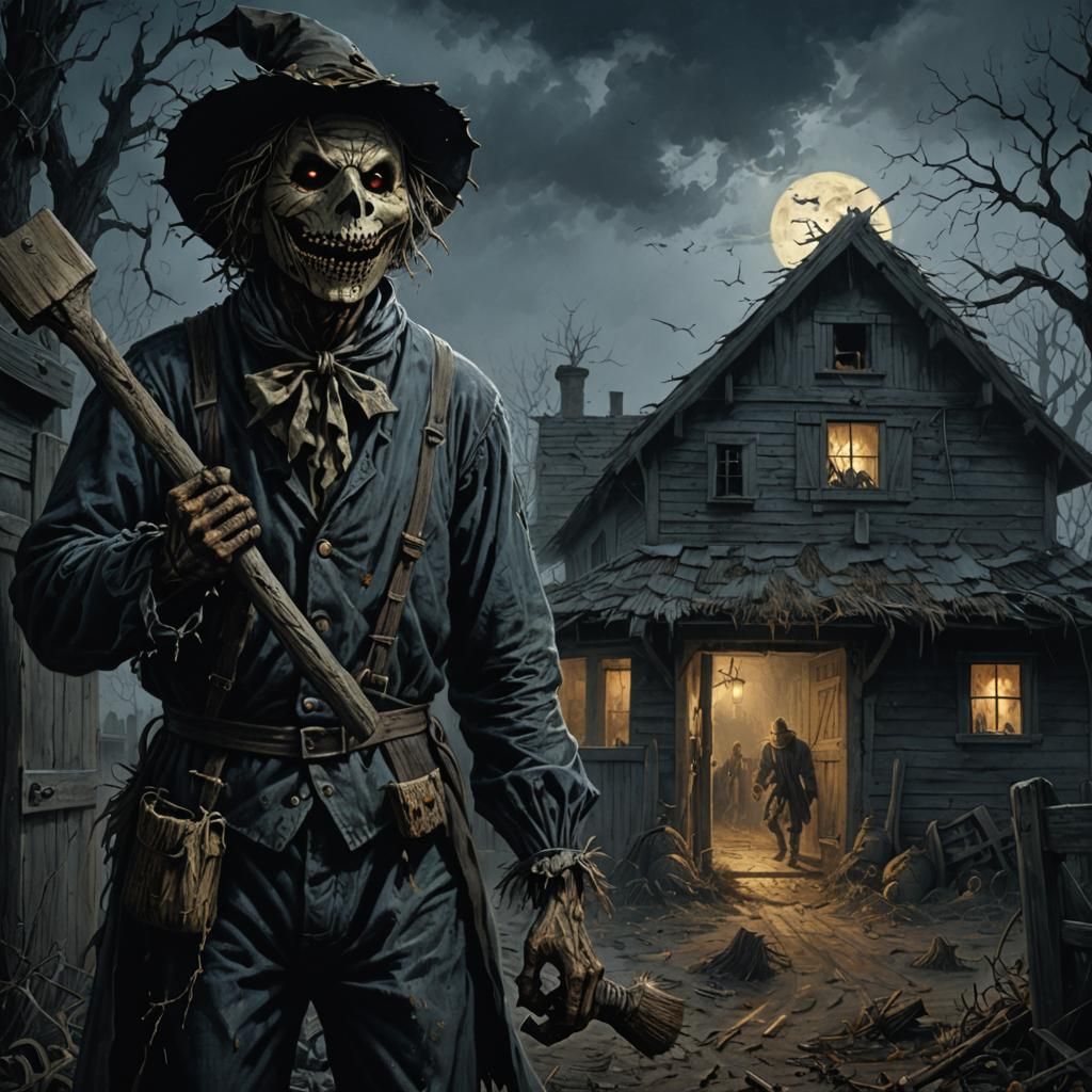 Terrifying Scarecrow at Farmhouse Door: Horror Scene