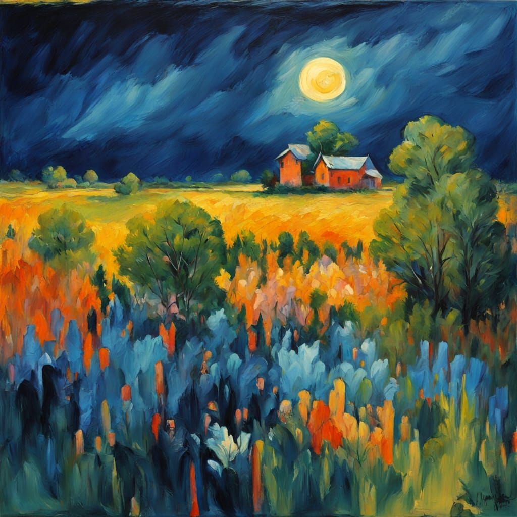 Moonlit Village in Neo-Impressionist Gouache Style