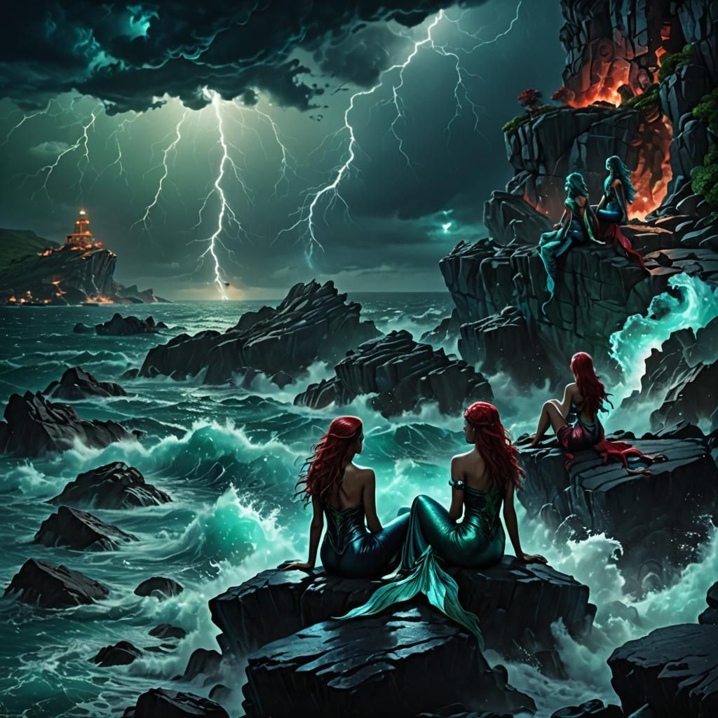 Sirens and Mermaids in Dark Fantasy Seascape