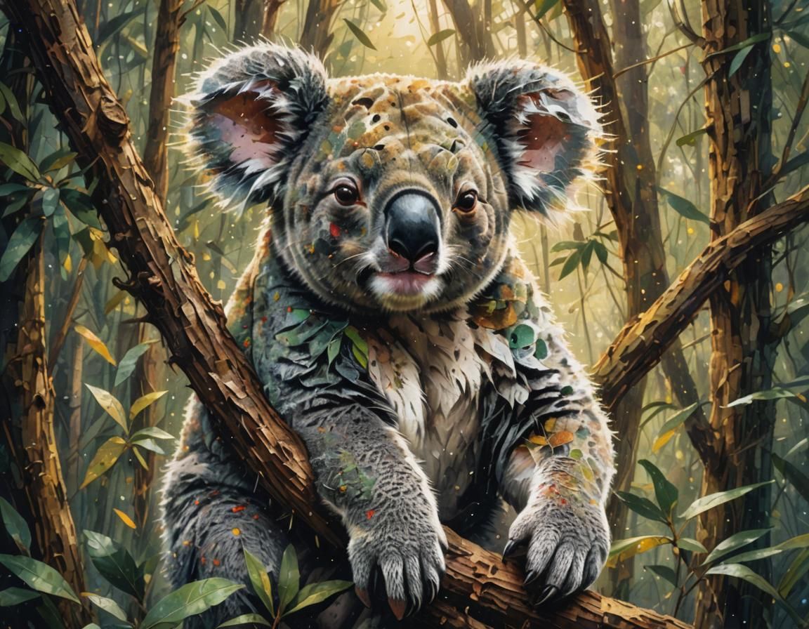 Koala in Forest: Pointillism Illustration with Vibrant Color...
