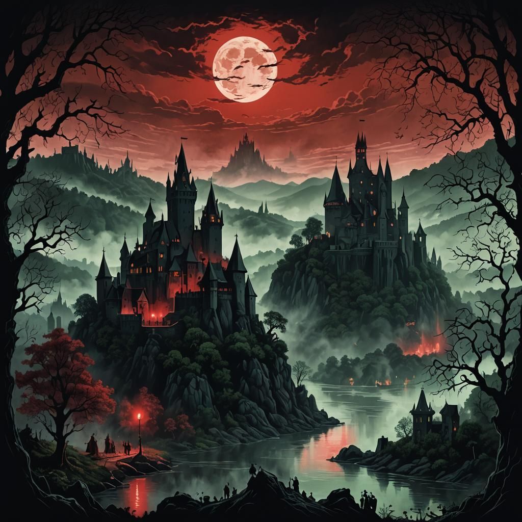 Dark Fantasy Castle Landscape in Miura and Doré Style
