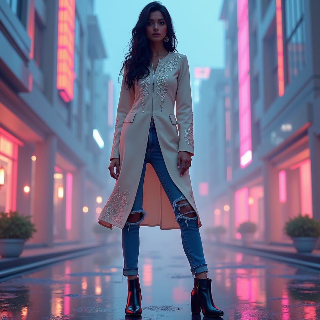 Indian Girl in Cyberpunk Cityscape Digital Art